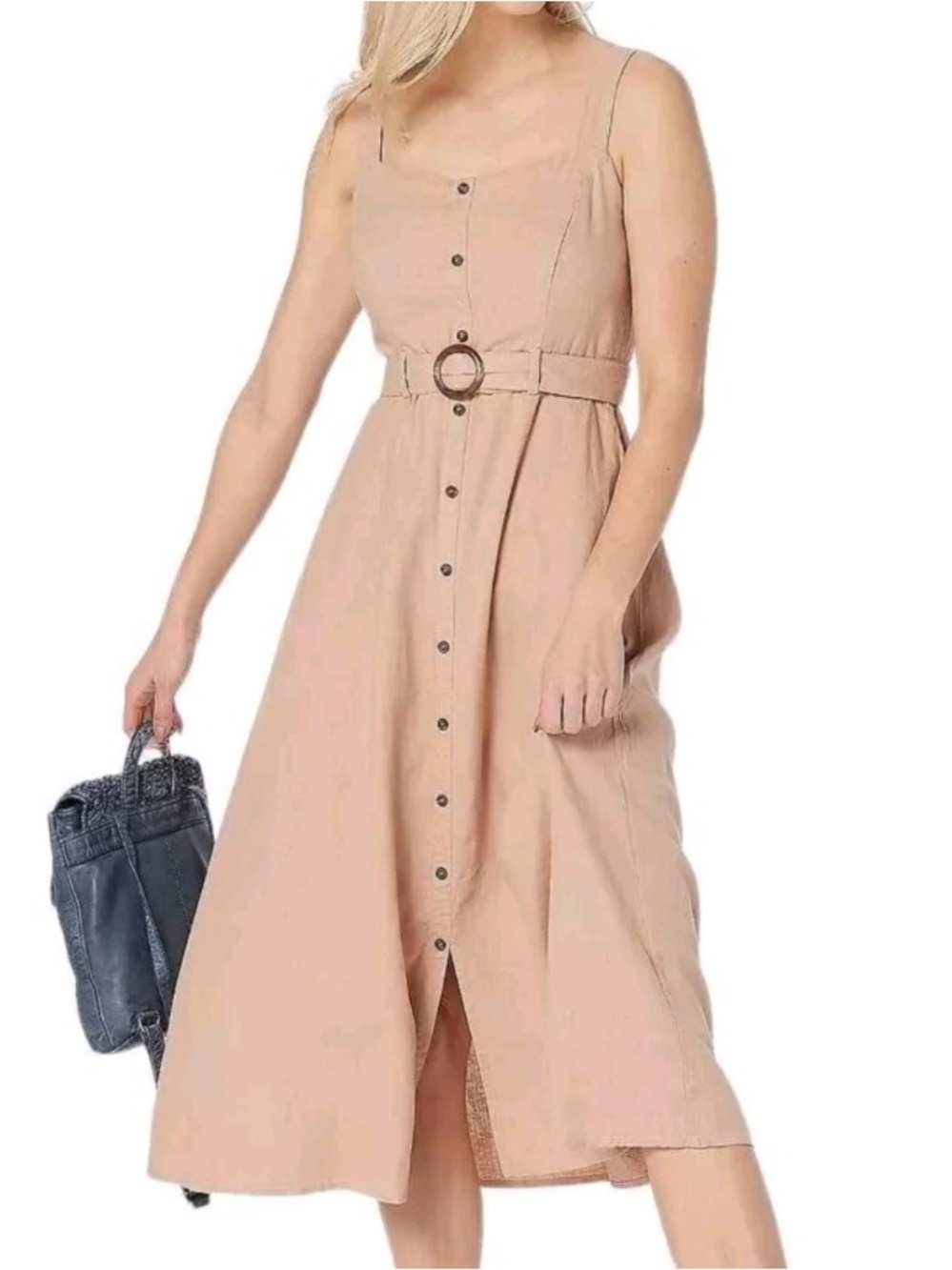 All Worthy Beige Button-Front Midi Dress with Waist Tie size 16T